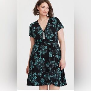 TORRID Aqua/Blk Floral Stencil Faux Wrap S SLV Stretchy Office Party Dress SZ 2X